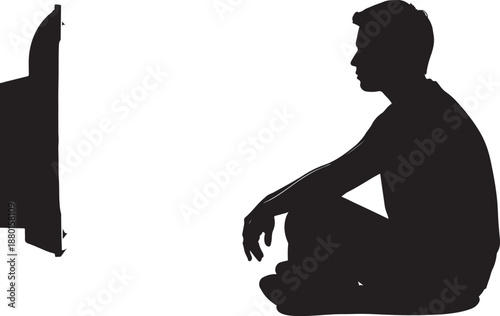 Silhouette of a man sitting on the floor watching television, home entertainment and relaxation concept