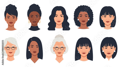 Diverse Women Portraits Illustrations Collection Showcasing Various Ethnicities and Styles