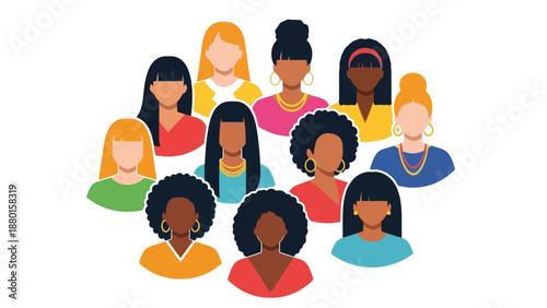 Diverse group of women from various ethnicities and ages gathered together in a vibrant illustration