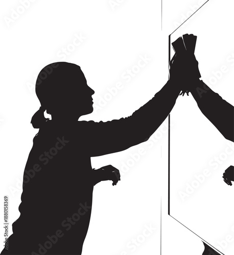 Black silhouette of a woman cleaning a mirror or glass window with a cloth. Housekeeping and domestic chores concept.