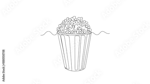A single continuous line art drawing of a bucket of popcorn, symbolizing a simple yet fun movie night snack