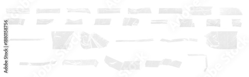 Set of transparent adhesive tape pieces and torn plastic strips isolated on black background. Wrinkled clear tape textures with scratches, folds and reflections, ideal for collage design, grunge overl