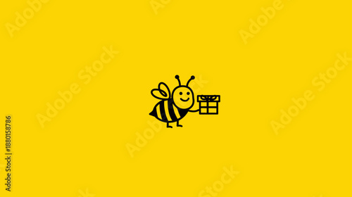 Cute cartoon bee illustration holding a gift box on a vibrant yellow background. Sweet delivery mascot character.