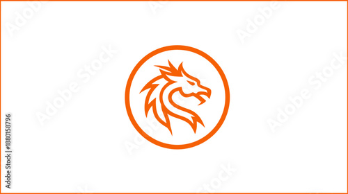 Stylized orange dragon head icon in a circular frame on white. Powerful mythical creature vector illustration, fantasy spirit symbol.