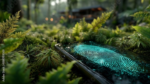 Device showing fingerprint surrounded by green plants in forest during daylight near wooden cabin