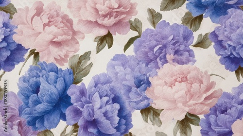 Seamless pattern of pink and blue peonies on a white background. the peonies are arranged in a repeating pattern, with each peony having a different color - pink, blue, and purple.