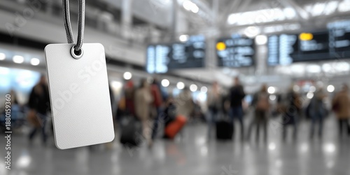 Tag hangs in busy airport with travelers and flight information in background during peak travel time