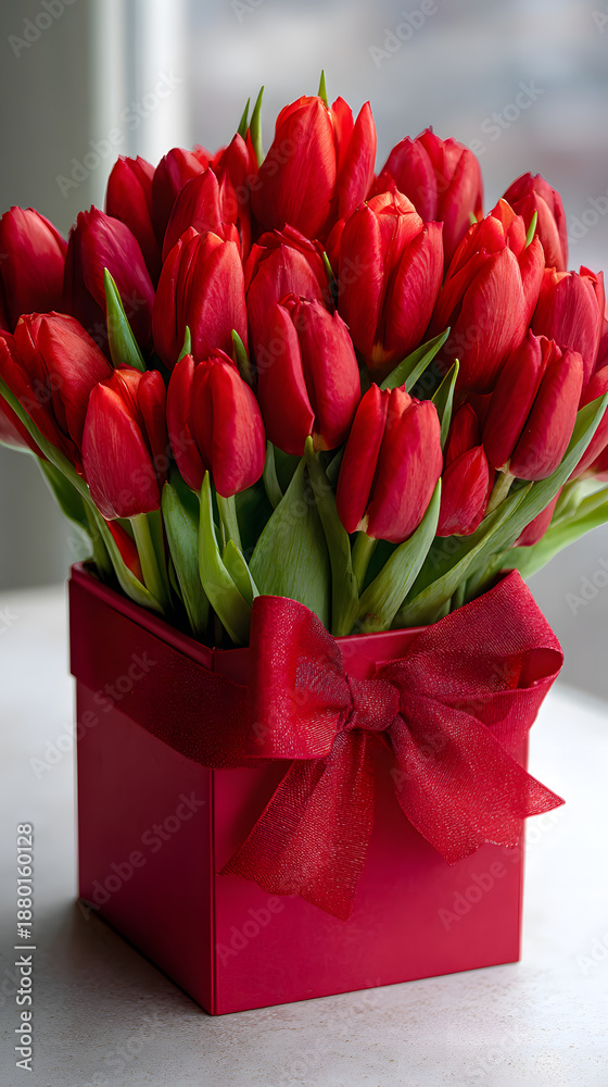 Fototapeta premium Luxury red tulip flower box with satin ribbon on a bright interior background