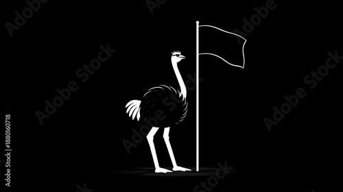 Monochrome vector illustration of a cool ostrich wearing sunglasses, standing next to a waving flag on a solid black background.
