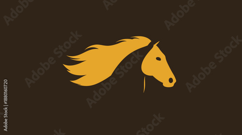 Stylized golden horse head illustration with flowing mane on a dark background, a minimalist vector logo design symbolizing power and freedom.