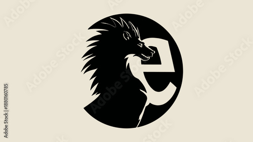 Black dragon head silhouette in profile with elegant spiky mane within a circular frame, featuring the letter 'E' in negative space design. Fantasy creature symbol.