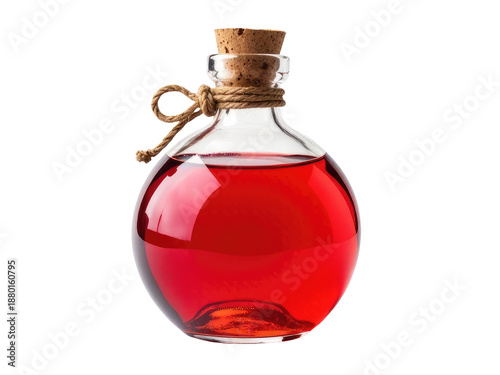 A bottle filled with red liquid and topped with a cork stopper