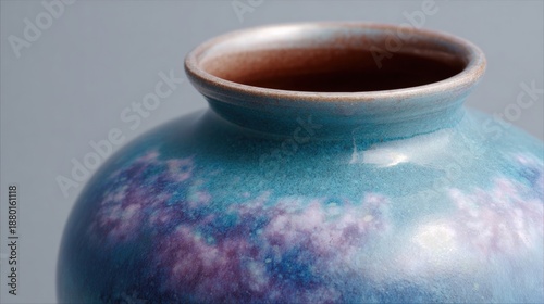 Close-up of a vase or pottery. the vase is round and has a narrow neck with a small opening at the top. the body of the vase appears to be made of ceramic or porcelain, with a blue and purple glaze.