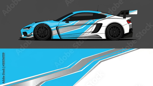 Blue race car on a track featuring aerodynamic design and vibrant graphics.