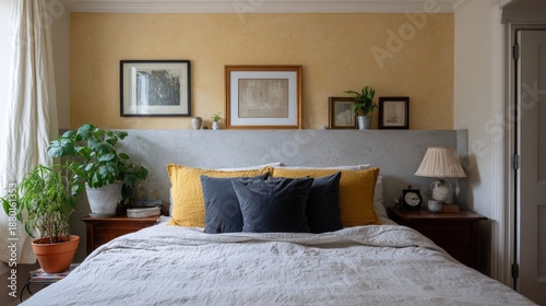 Bedroom with a large bed in the center. the bed has a white comforter and several blue and yellow throw pillows on top.