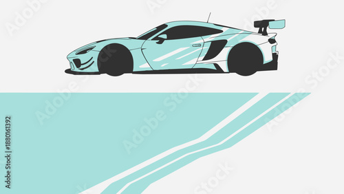 Stylized teal sports car racing across an aqua water surface with bold minimalist design.