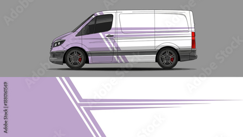 Purple van with diagonal white racing stripes on a gray studio background.