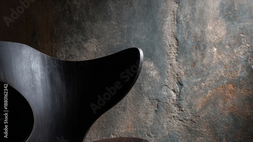 Close-up of a black chair with a curved backrest. the chair is placed against a dark, textured wall with a rough, grungy texture.