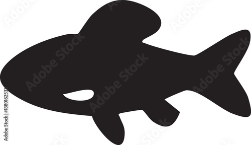 Isolated black shark silhouette and blue cartoon fish vector illustration of marine animal underwater in the ocean water