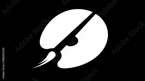 Minimalist white painter's palette and paintbrush icon on black background, symbolizing art, creativity, and design.