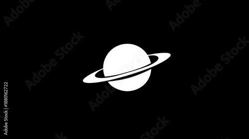 Minimalist white graphic illustration of a ringed planet on a solid black background, representing space and astronomy concepts.