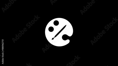 Minimalist White Paint Palette and Brush Icon on Black Background for Art, Creativity, Design, and Artistic Concepts