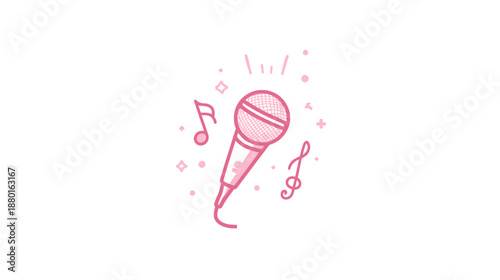 Cute pink microphone icon with musical notes and sparkling effect, perfect for music, singing, karaoke, and entertainment design.