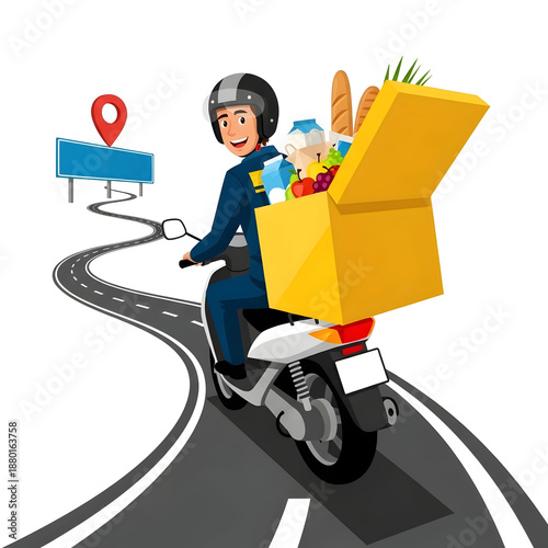 delivery man on a motorcycle with a box of groceries on a road, isolated on white