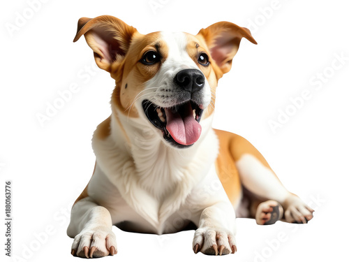 A brown and white dog lies down on a white surface, ready to relax