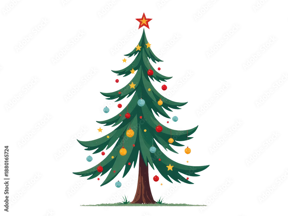 Obraz premium A festive Christmas tree with ornaments and a star on top, perfect for holiday decorations or winter scenes