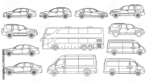 Vector Side View Vehicle Set Featuring cars, Sedans, SUVs, Vans, and Double-Decker Bus for Architectural Elevations
