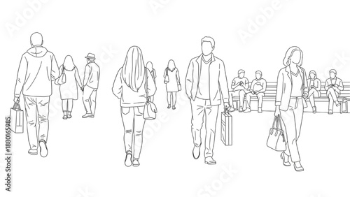 Vector Architectural Sketch of Walking, Sitting, Talking People for Urban Perspective Renderings