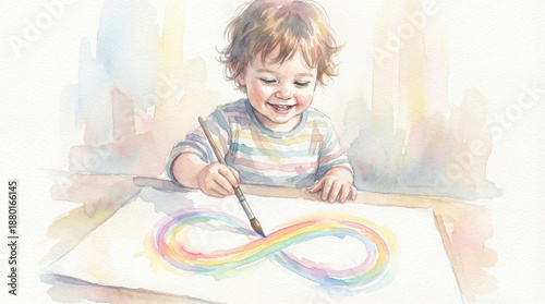 Autistic child smiling while drawing rainbow infinity symbol, watercolor painting, minimal background, creativity and expression theme