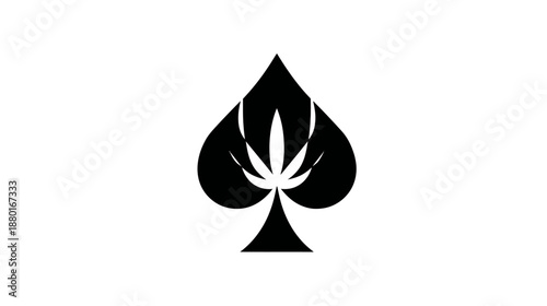 Stylized black spade icon with integrated cannabis leaf design on a white background. Vector illustration for cannabis culture.