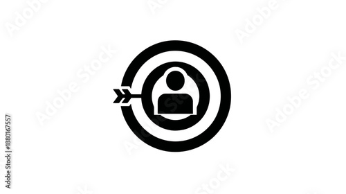 Target audience concept with person icon, arrow hitting bullseye, symbolizing customer focus, marketing strategy, and demographic targeting.