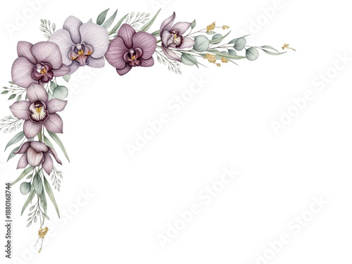 Luxury watercolor corner frame with orchids and delicate foliage in a sophisticated mauve scheme isolated on white background
