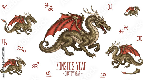 Fantasy Dragon Illustration with Astrology Symbols