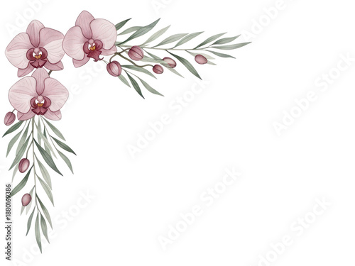 Minimal elegant watercolor corner design with orchids and olive branches in dusty rose isolated on white background