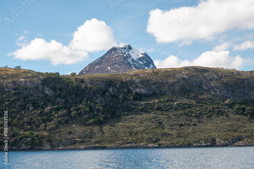 Remarkable view of a mountain as one bump above the coastline near Ushuaia in Tierra del Fuego, Argentina