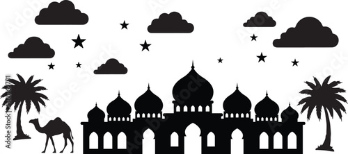 mosque,palm,cloud silhouette illustration for cultural landscape design vector graphic for travel theme