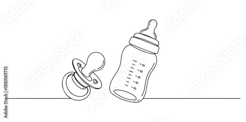 Baby pacifier and bottle illustration in simple line art style, baby care items silhouette