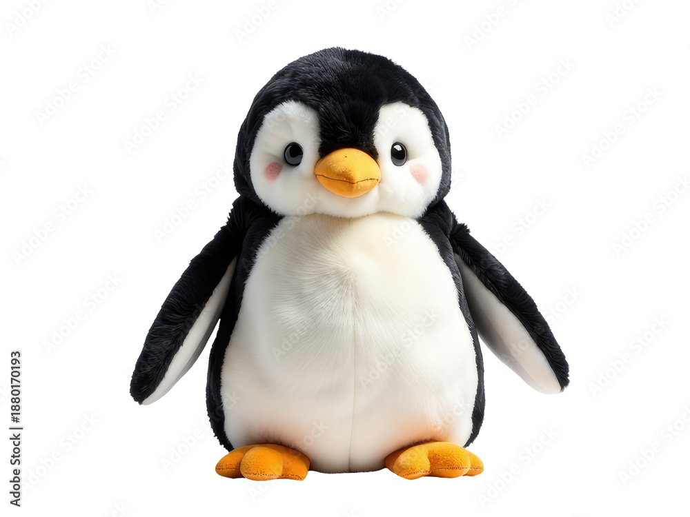 Fototapeta premium A cuddly stuffed penguin perched on a clean white background, great for use in educational or fun contexts