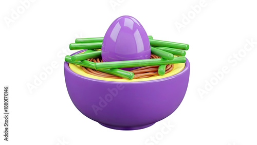 Stylized Bowl of Noodles with Egg and Green Beans