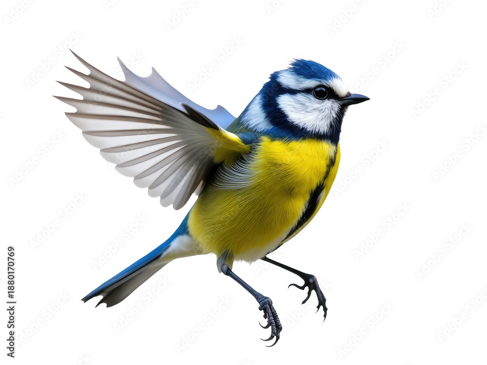 Fototapeta premium A blue and yellow bird spreads its wings in mid-air, ready for takeoff