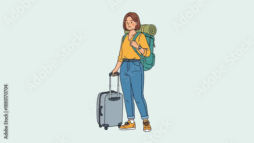 Smiling Woman Traveler with Backpack and Suitcase Ready for Adventure.