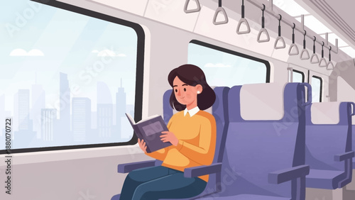 Woman engrossed in a book during her train commute.