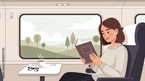 Woman engrossed in reading a book during a train journey.