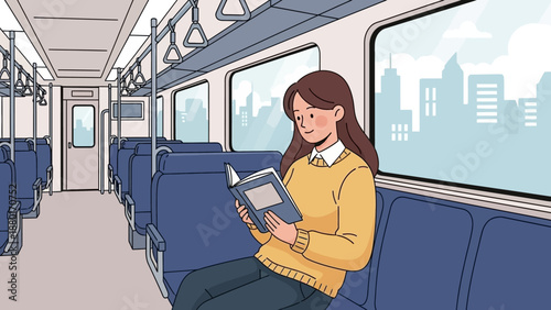 Woman engrossed in reading a book on a train.