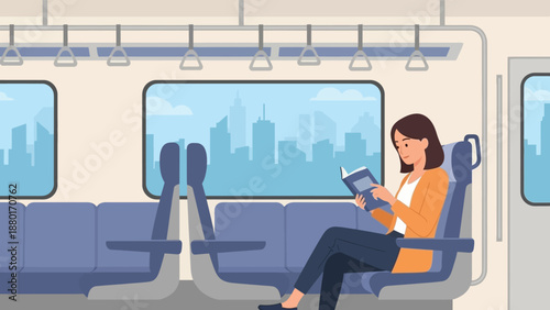 Woman Reading a Book on a Train Commute.