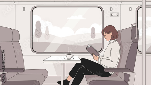 Woman Reading on a Train Journey with Coffee.